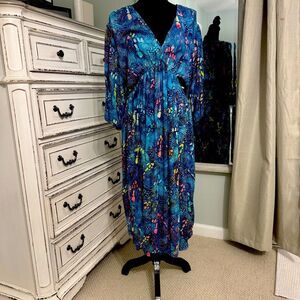 Go Fish Imperial Waist Double V Neckline Vibrant Blue Patterned Midi Dress- XS